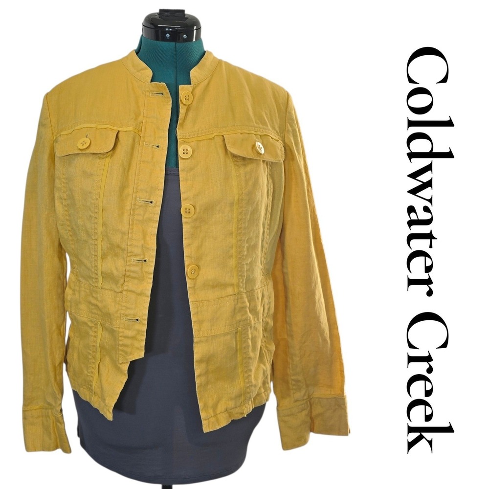 Coldwater Creek Yellow Linen Utility Jacket Button Front Mandarin Collar Size 12